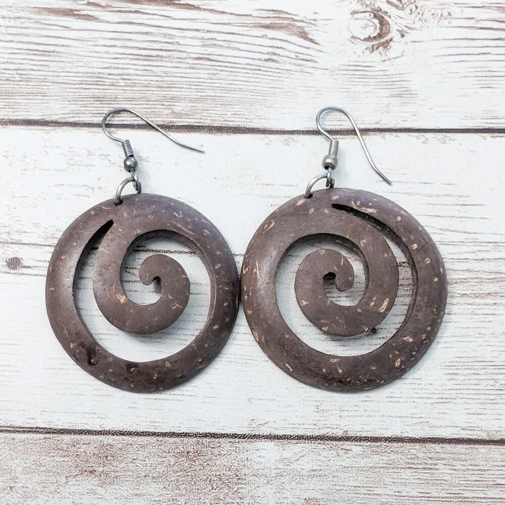 Vintage Earrings For Pierced Ears Large Brown Spiral